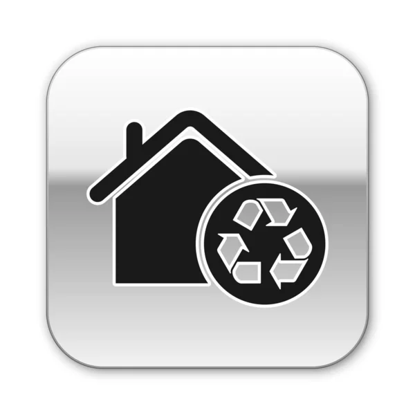 Schwarzes Öko-Haus mit Recycling-Symbol auf weißem Hintergrund. Ökologie zu Hause mit Recycling-Pfeilen. Silberner quadratischer Knopf. Vektorillustration — Stockvektor