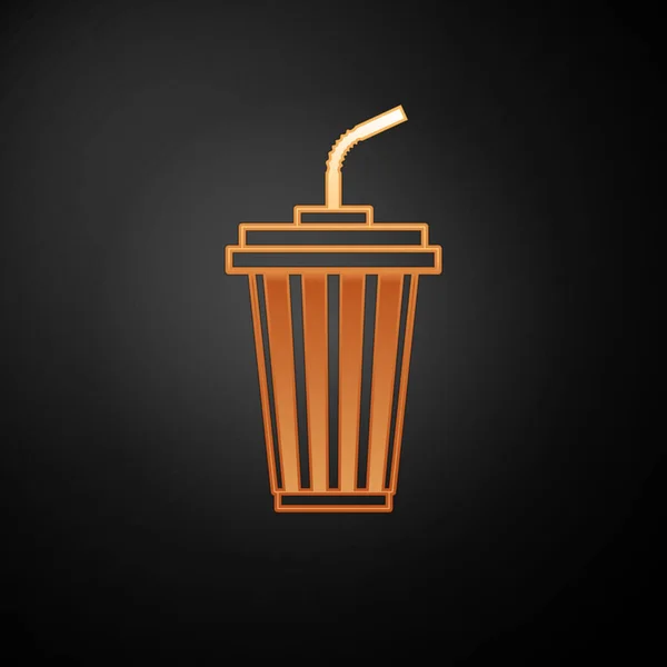 Verre d'or avec icône de l'eau isolé sur fond noir. Verre à soda avec paille à boire. Symbole de boisson fraîche froide. Illustration vectorielle — Image vectorielle