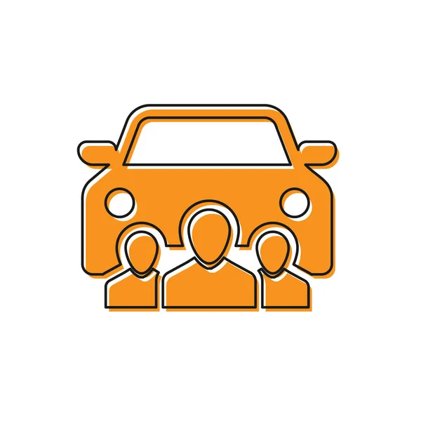 Orangefarbenes Carsharing mit einer Gruppe von Menschen auf weißem Hintergrund. Carsharing-Schild. Transportvermietungskonzept. Vektorillustration — Stockvektor