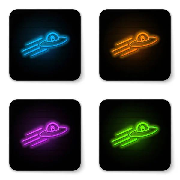 Glowing neon UFO flying spaceship and alien icon isolated on white background. Flying saucer. Alien space ship. Futuristic unknown flying object. Black square button. Vector Illustration — Stock Vector