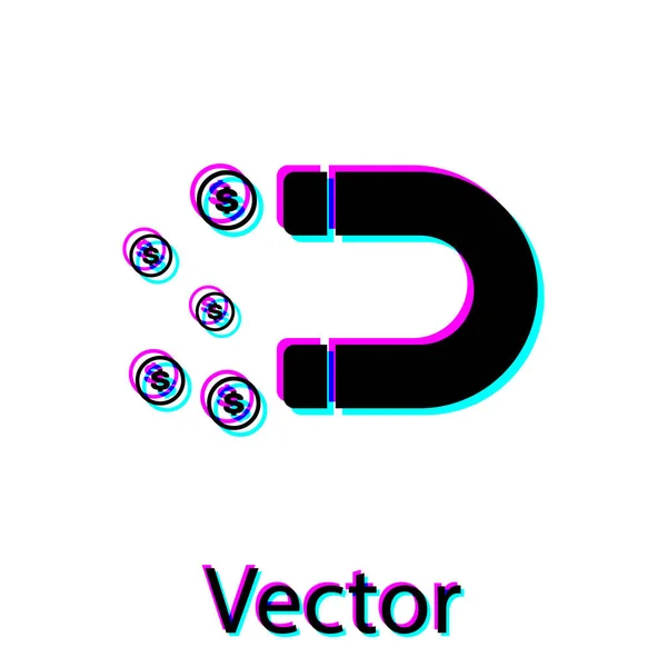 Schwarzer Magnet mit Geldsymbol auf weißem Hintergrund. Konzept der Anziehung von Investitionen, Geld. Großunternehmen profitieren von Attraktivität und Erfolg. Vektorillustration — Stockvektor