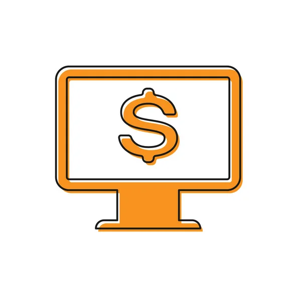 Moniteur d'ordinateur orange avec icône dollar isolé sur fond blanc. Internet concept de sécurité financière, protection de la finance en ligne. Illustration vectorielle — Image vectorielle