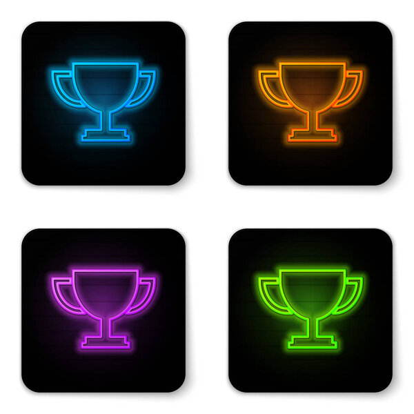 Glowing neon Trophy cup icon isolated on white background. Award symbol. Champion cup icon. Black square button. Vector Illustration