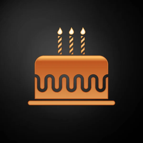 Goldkuchen mit brennenden Kerzen auf schwarzem Hintergrund. Alles Gute zum Geburtstag. Vektorillustration — Stockvektor