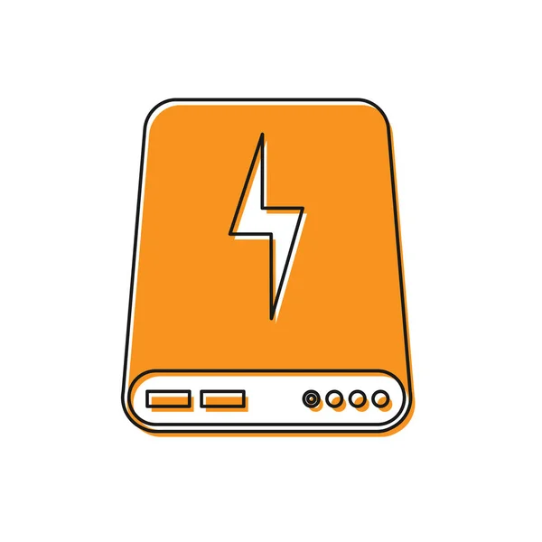 橙色电源银行图标隔离在白色背景上。便携式充电设备。矢量插图 — 图库矢量图片