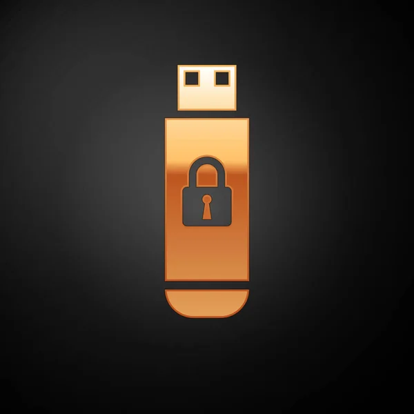 Gold USB flash drive with closed padlock icon isolated on black background. Security, safety, protection concept. Vector Illustration — Stock Vector