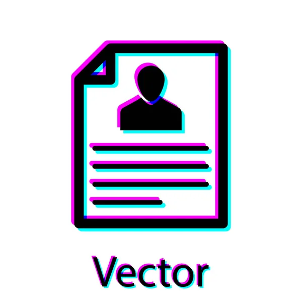 Ícone de currículo preto isolado no fundo branco. Aplicação CV. Buscando pessoal profissional. Analisando pessoal retomar. Ilustração vetorial — Vetor de Stock