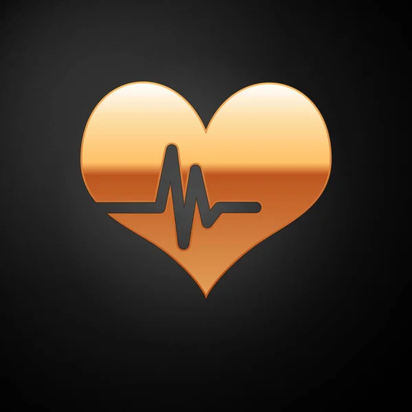 Icono Gold Heart rate aislado sobre fondo negro. Signo de latido. Icono de pulso. Icono del cardiograma. Ilustración vectorial — Vector de stock