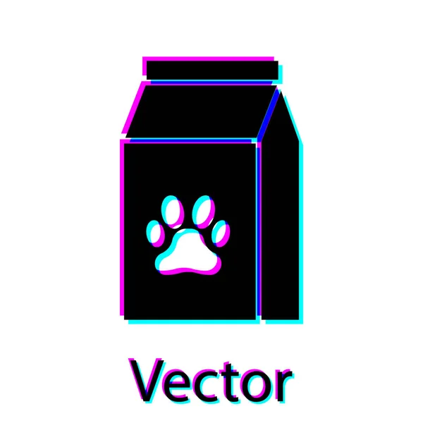 Schwarze Tüte mit Futter für Haustier-Symbol isoliert auf weißem Hintergrund. Futter für Tiere. Tierfutter-Paket. Pfotenabdruck für Hund oder Katze. Vektorillustration — Stockvektor