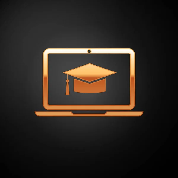 黒の背景に隔離された画面上のラップトップアイコン上のゴールド卒業キャップ。オンライン学習またはeラーニングの概念。ベクトルイラストレーション — ストックベクタ