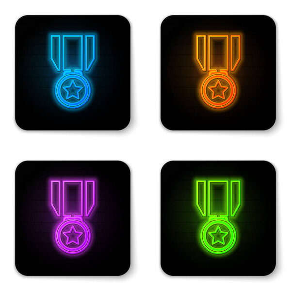 Glowing neon Medal with star icon isolated on white background. Winner achievement sign. Award medal. Black square button. Vector Illustration