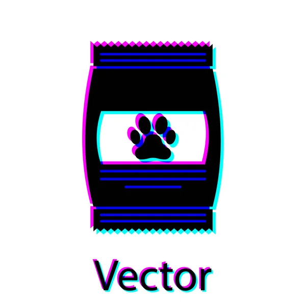 Bolsa negra de comida para mascota icono aislado sobre fondo blanco. Comida para animales. Paquete de alimentos para mascotas. Huella de pata de perro o gato. Ilustración vectorial — Vector de stock