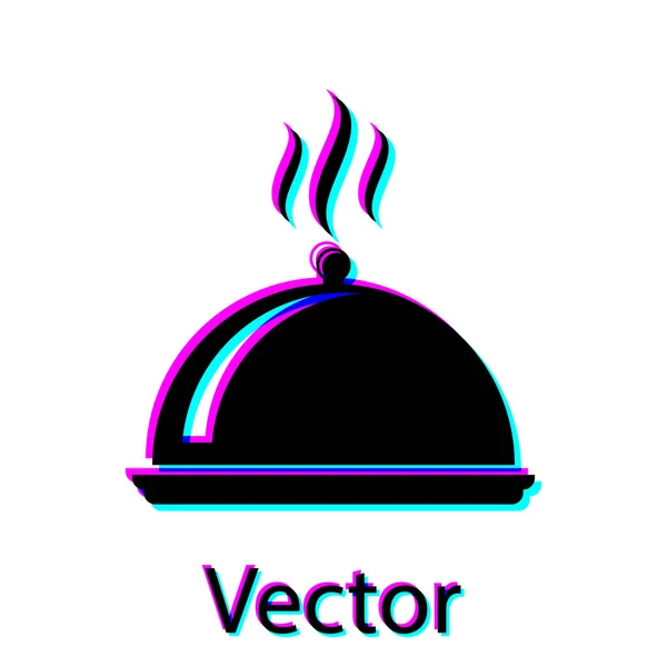 Svart täckt med en bricka med mat ikonen isolerad på vit bakgrund. Bricka och lock skylt. Restaurang Cloche med lock. köksredskap symbol. Vektor illustration — Stock vektor