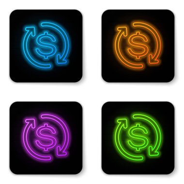Beyaz arka planda izole yatırım simgesi parlayan neon Return. Para dönüştürme simgesi. İade işareti. Dolar dönüştürücü kavramı. Siyah kare düğme. Vektör İllüstrasyonu