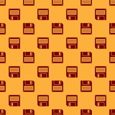 Bilgisayar veri depolama simgesi için Kırmızı Disket disk kahverengi arka plan üzerinde sorunsuz desen izole. Disket işareti. Düz tasarım. Vektör İllüstrasyonu