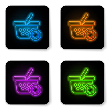 Beyaz arka planda yalıtılmış parlayan neon Refresh alışveriş sepeti simgesi. Online satın alma konsepti. Teslimat hizmeti işareti. Süpermarket sepeti simgesini güncelleyin. Siyah kare düğme. Vektör İllüstrasyonu