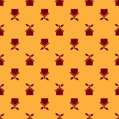 Kırmızı Eko dostu ev simgesi kahverengi arka plan üzerinde dikişsiz desen izole. Yapraklı eko ev. Vektör İllüstrasyonu