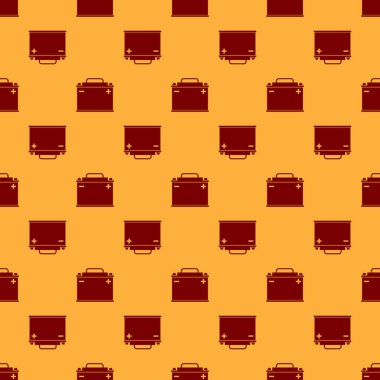 Kırmızı Araba akü simgesi kahverengi arka plan üzerinde sorunsuz desen izole. Akümülatör pil enerji gücü ve elektrik akümülatör pil. Düz tasarım. Vektör İllüstrasyonu