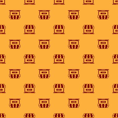 Red Online alışveriş konsepti. Kahverengi arka plan üzerinde izole edilmiş ekran dizüstü bilgisayar simgesi satın alın. Konsept e-ticaret, e-iş, online iş pazarlama. Vektör İllüstrasyonu