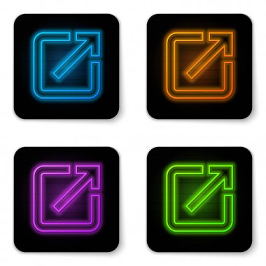 Beyaz arka planda yalıtılmış yeni pencere simgesinde parlayan neon Aç. Başka bir sekme düğmesi işaretini açın. Tarayıcı çerçeve sembolü. Dış bağlantı işareti. Siyah kare düğme. Vektör İllüstrasyonu