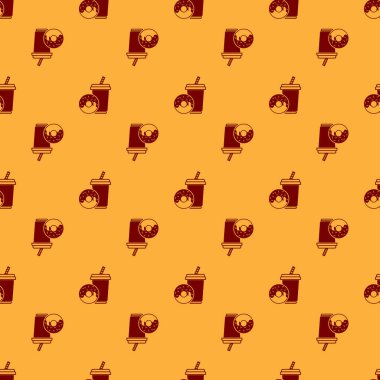 Kırmızı Soda içme saman ve çörek simgesi kahverengi arka plan üzerinde izole dikişsiz desen ile içki. Fast food sembolü. Vektör İllüstrasyonu