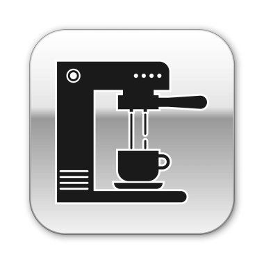 Siyah Kahve makinesi ve kahve fincanı simgesi beyaz arka plan üzerinde izole. Gümüş kare düğme. Vektör İllüstrasyonu