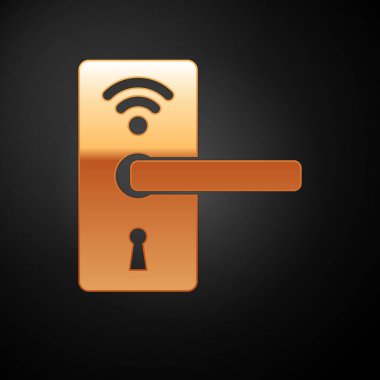 Siyah arka planda yalıtılmış simge kilidini açmak için kablosuz teknolojiye sahip Gold Digital kapı kilidi. Kapı kolu işareti. Kavramın güvenlik akıllı ev. Vektör İllüstrasyonu