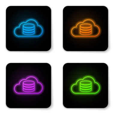 Beyaz arka planda yalıtılmış parlayan neon Cloud veritabanı simgesi. Bulut bilgi işlem konsepti. Veri aktarımı ile dijital hizmet veya uygulama. Siyah kare düğme. Vektör İllüstrasyonu