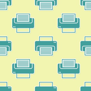 Yeşil Yazıcı simgesi sarı arka plan üzerinde sorunsuz desen yalıtılmış. Düz tasarım. Vektör İllüstrasyonu