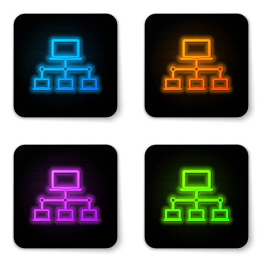 Beyaz arka planda yalıtılmış parlayan neon Bilgisayar ağ simgesi. Dizüstü bilgisayar ağı. İnternet bağlantısı. Siyah kare düğme. Vektör İllüstrasyonu