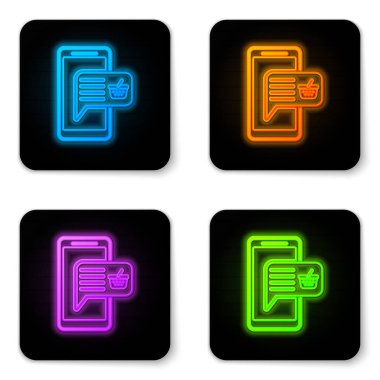 Parlayan neon Cep telefonu ve alışveriş sepeti simgesi beyaz arka plan üzerinde izole. Online satın alma sembolü. Süpermarket sepeti sembolü. Siyah kare düğme. Vektör İllüstrasyonu