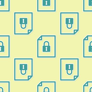 Yeşil Belge ve kilit simgesi sarı arkaplanda izole edilmiş pürüzsüz desen. Dosya biçimi ve asma kilit. Güvenlik, güvenlik, koruma kavramı. Vektör İllüstrasyonu