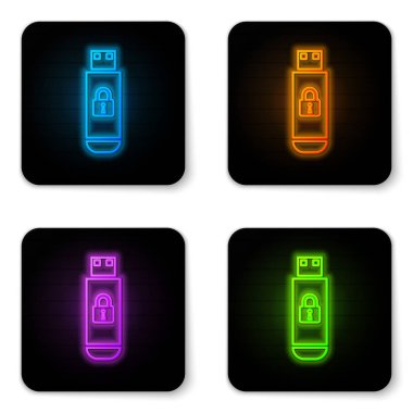 Beyaz arka planda izole edilmiş kapalı asma kilit simgesine sahip parlayan neon Usb flash sürücü. Güvenlik, güvenlik, koruma konsepti. Siyah kare düğme. Vektör İllüstrasyonu