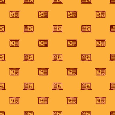 Dizüstü bilgisayar simgesinin ekranında Red Medical klinik kayıt kahverengi arka plan üzerinde izole dikişsiz desen. Sağlık sigortası formu. Belge: reçete, tıbbi kontrol işaretleri raporu. Vektör İllüstrasyonu