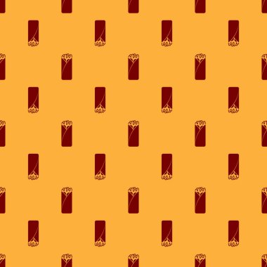 Kırmızı Burrito simgesi kahverengi arka plan üzerinde izole dikişsiz desen. Geleneksel Meksika fast food'u. Vektör İllüstrasyonu