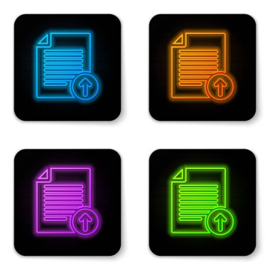 Beyaz arka planda yalıtılmış parlayan neon Upload dosya simgesi. Belge simgesini dosyala. Belge oku. Siyah kare düğme. Vektör İllüstrasyonu