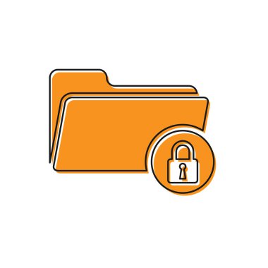 Turuncu Klasör ve kilit simgesi beyaz arka planda yalıtılmış. Kapalı klasör ve asma kilit. Güvenlik, güvenlik, koruma konsepti. Vektör İllüstrasyonu