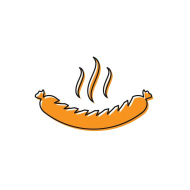 Beyaz arka plan üzerinde izole buhar simgesi ile Turuncu Sosis. Izgara sosis ve aroma işareti. Vektör İllüstrasyonu