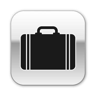 Beyaz arka planda izole seyahat simgesi için Siyah Bavul. Seyahat bagaj işareti. Seyahat bagaj simgesi. Gümüş kare düğme. Vektör İllüstrasyonu