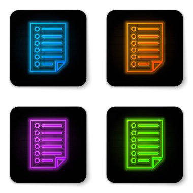 Beyaz arka planda yalıtılmış parlayan neon Belge simgesi. Dosya simgesi. Denetim listesi simgesi. İş konsepti. Siyah kare düğme. Vektör İllüstrasyonu