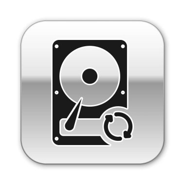 Siyah Sabit disk sürücüsü (Hdd) eşitleme simgesi beyaz arka planda yalıtılmış. Gümüş kare düğme. Vektör İllüstrasyonu