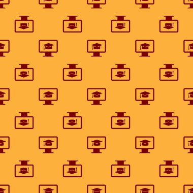 Mezuniyet kapağı simgesi kahverengi arka plan üzerinde izole dikişsiz desen ile Kırmızı Bilgisayar monitör. Online öğrenme veya e-öğrenme kavramı. İnternet bilgi sembolü. Düz tasarım. Vektör İllüstrasyonu