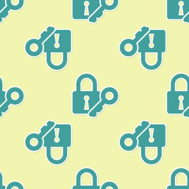 Yeşil Kilit ve anahtar simgesi sarı arka plan üzerinde sorunsuz desen izole. Asma kilit işareti. Güvenlik, güvenlik, koruma, gizlilik kavramı. Vektör İllüstrasyonu