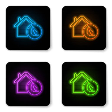 Beyaz arka plan üzerinde izole parlayan neon Eco dostu ev simgesi. Yapraklı eko ev. Siyah kare düğme. Vektör İllüstrasyonu