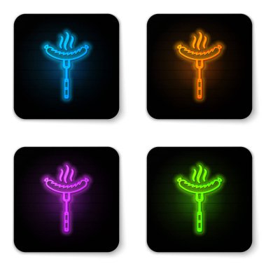 Beyaz arka plan üzerinde izole buhar simgesi ile çatal üzerinde Parlayan neon Sosis. Izgara sosis ve aroma işareti. Siyah kare düğme. Vektör İllüstrasyonu