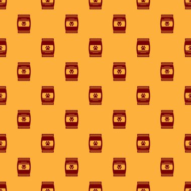 Evcil hayvan simgesi için gıda Kırmızı Çanta kahverengi arka plan üzerinde izole dikişsiz desen. Hayvanlar için yiyecek. Evcil hayvan yiyecek paketi. Köpek ya da kedi pençesi izi. Vektör İllüstrasyonu