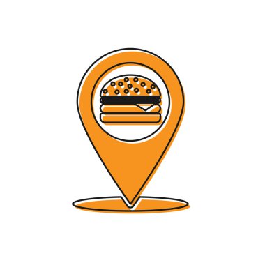 Beyaz arka planda izole fast food burger simgesi ile Turuncu Harita işaretçisi. Vektör İllüstrasyonu