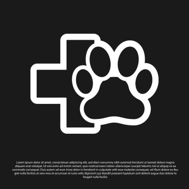 Siyah Veteriner kliniği sembol simgesi siyah arka plan üzerinde izole. Çapraz hastane tabelası. Stilize pençe baskı köpek veya kedi. Pet İlk Yardım işareti. Vektör İllüstrasyonu
