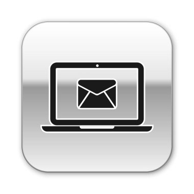 Beyaz arka planda izole ekran simgesi zarf ve açık e-posta ile Siyah Laptop. E-posta pazarlama, internet reklam kavramları. Gümüş kare düğme. Vektör İllüstrasyonu