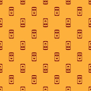 Ekran simgesiüzerinde temas ile Kırmızı Smartphone kahverengi arka plan üzerinde sorunsuz desen izole. Gelen arama. Telefon ekranında insan. İletişimi arayın. Düz tasarım. Vektör İllüstrasyonu